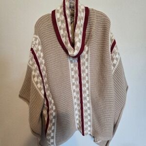 YAIRA Striped Cowl Neck Knit Poncho Sweater Top Cover Up Beige Burgundy